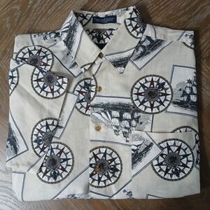 Lawton Harbor Men Short Sleeve Sz L Button Up Cream Black Nautical Print Linen